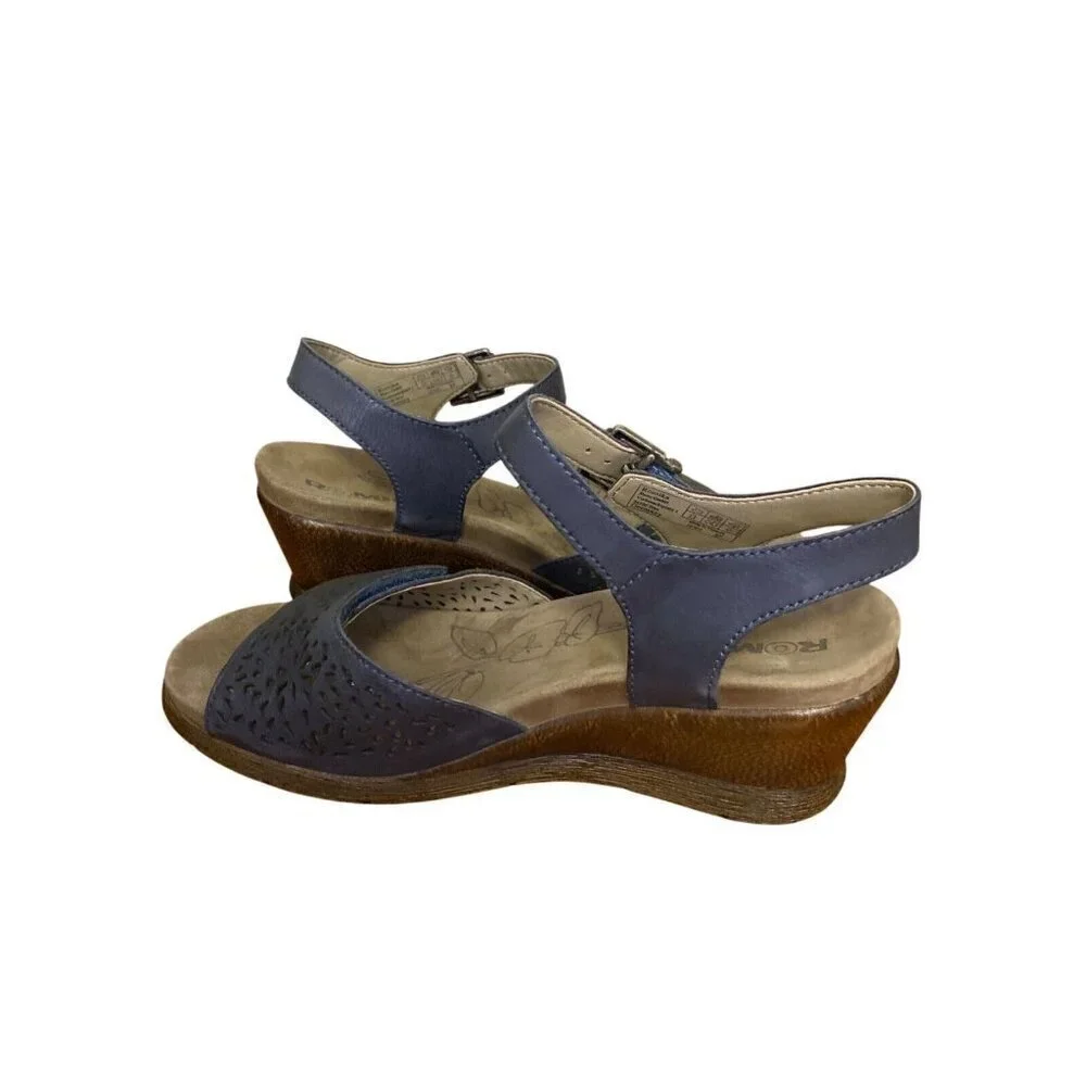 Romika Nevis 05 Blue Leather Wedge Sandals Size 37/6 Comfort Adjustable Strap